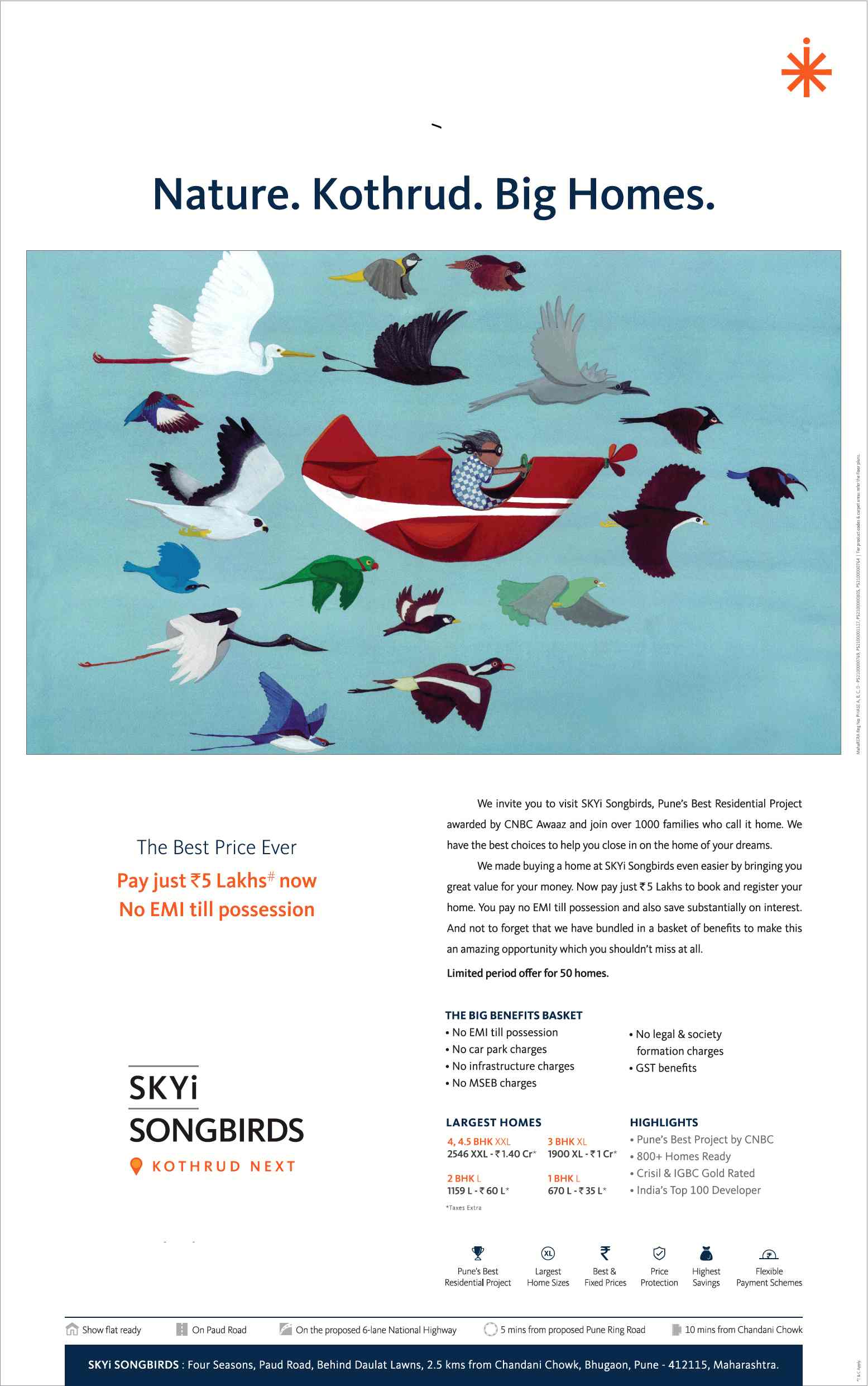 The best price ever - Pay just Rs. 5 lacs now & no EMI till possession at Skyi Songbirds in Pune